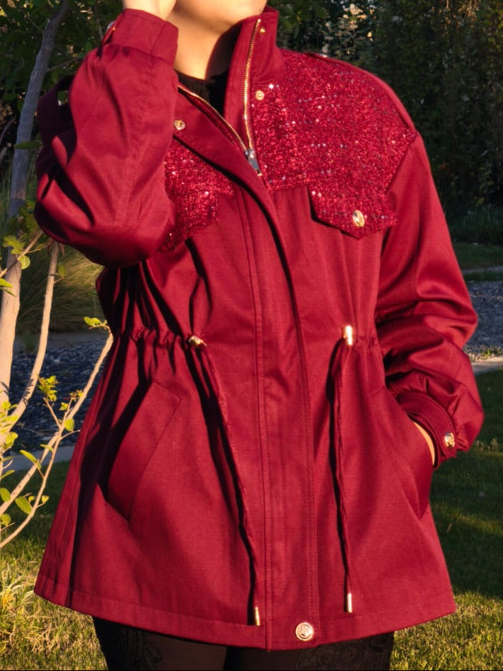 Trench longue chic femme – Veste Burgundy élégante avec détails dorés