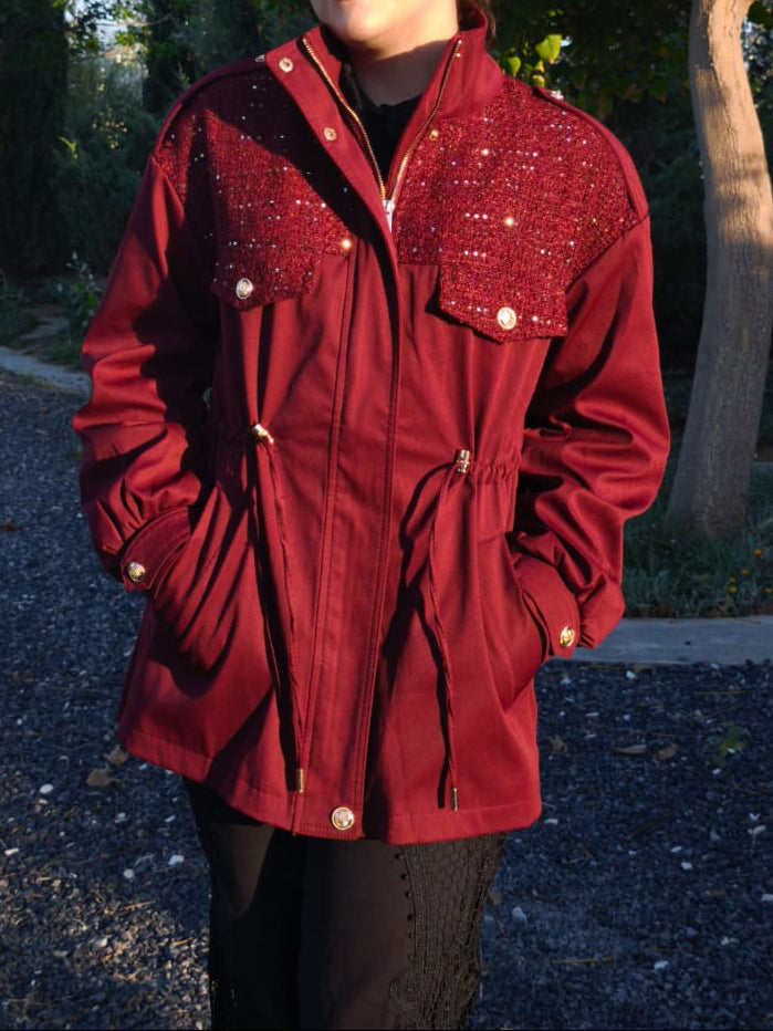 Trench longue chic femme – Veste Burgundy élégante avec détails dorés